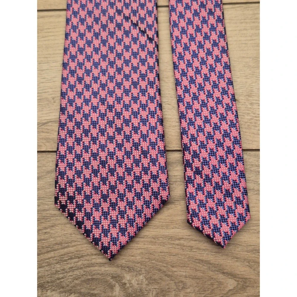 Charles Tyrwhitt Mens Metallic Pink Purple Blue Silk Houndstooth Neck Tie London